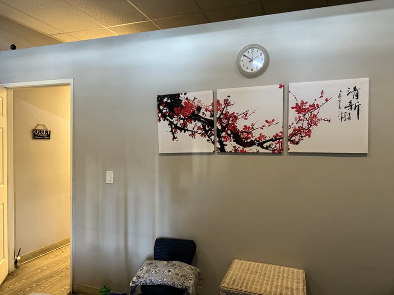 Front waiting area with cherry-blossom art panels, a wall clock and seating