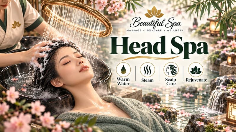 Head Spa at Beautiful Spa: warm-water scalp cleansing with a guest reclining at the basin